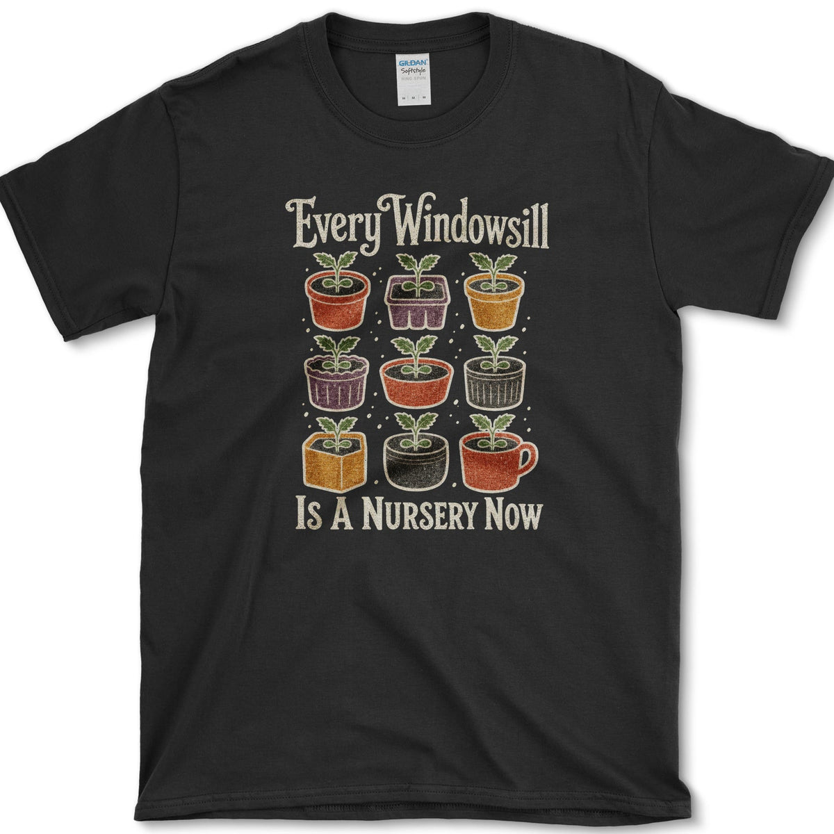 Nine colorful pots and cups filled with windowsill seedlings on a T-shirt