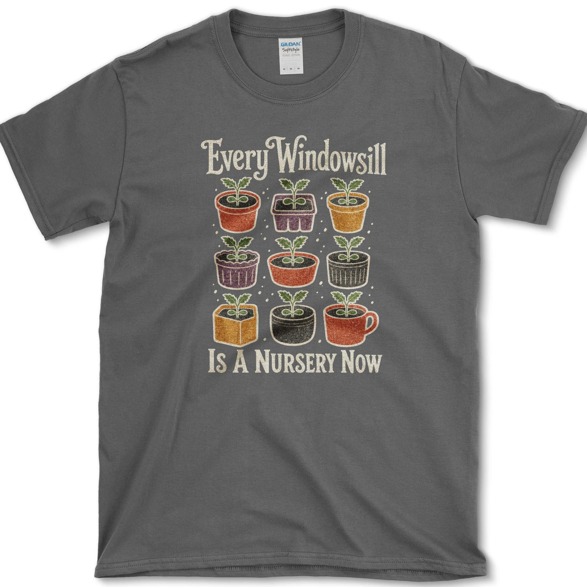 Nine colorful pots and cups filled with windowsill seedlings on a T-shirt