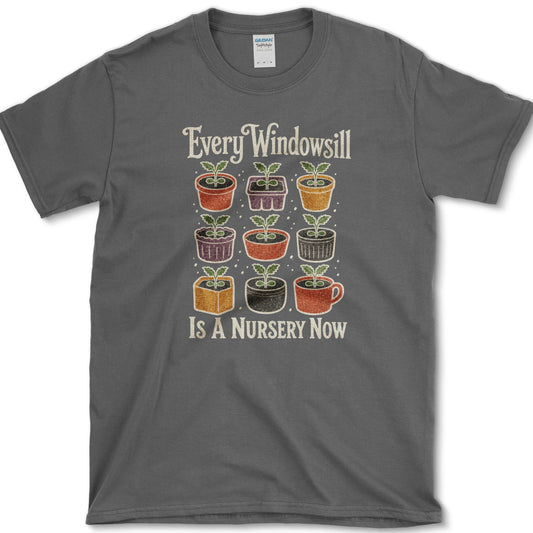 Nine colorful pots and cups filled with windowsill seedlings on a T-shirt