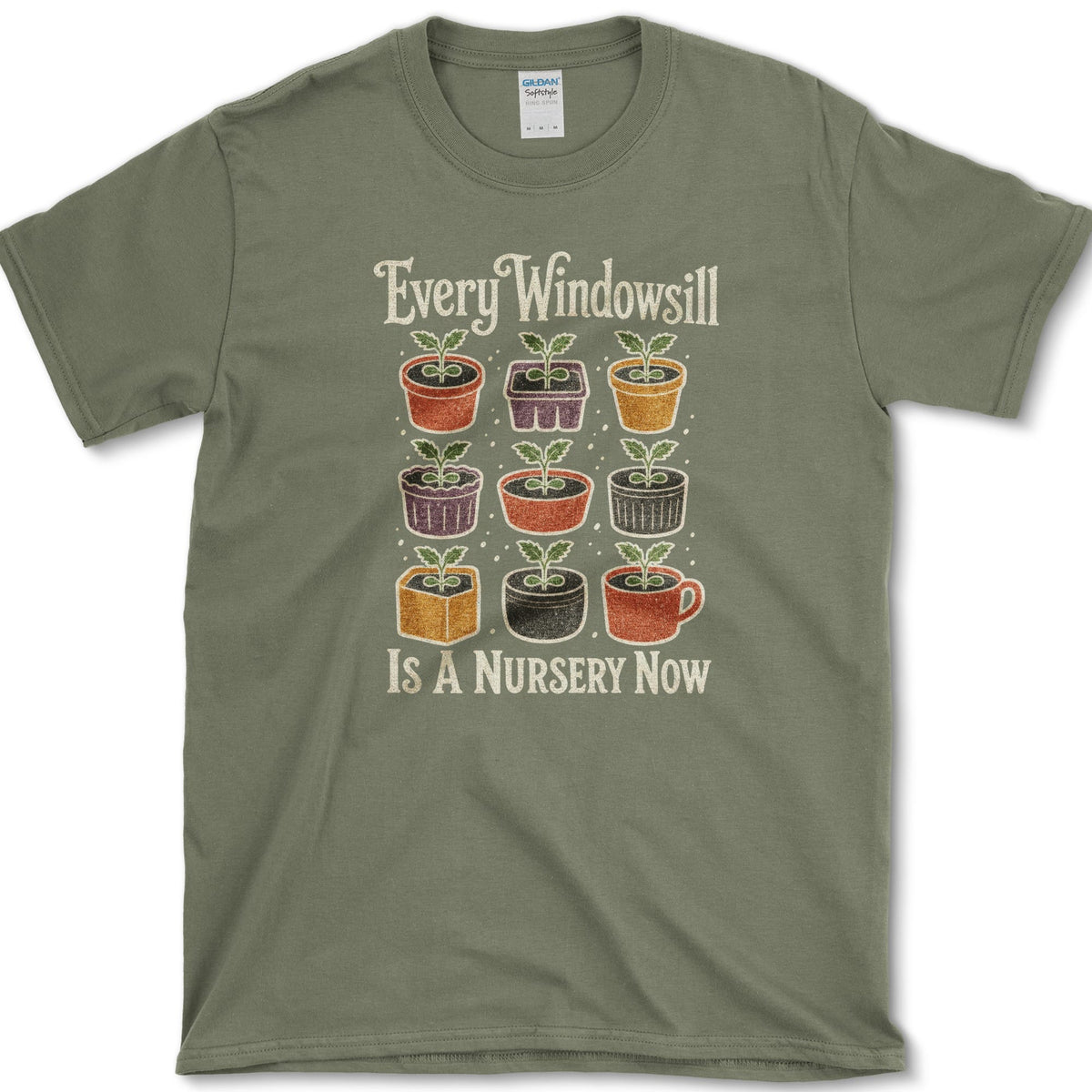 Nine colorful pots and cups filled with windowsill seedlings on a T-shirt