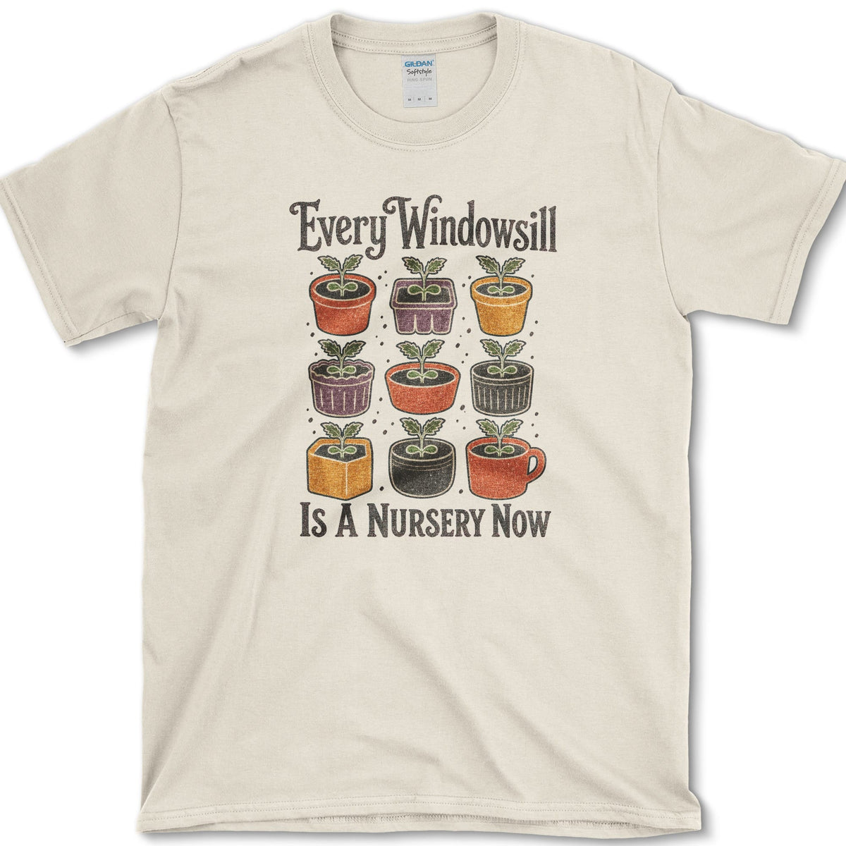 Nine colorful pots and cups filled with windowsill seedlings on a T-shirt