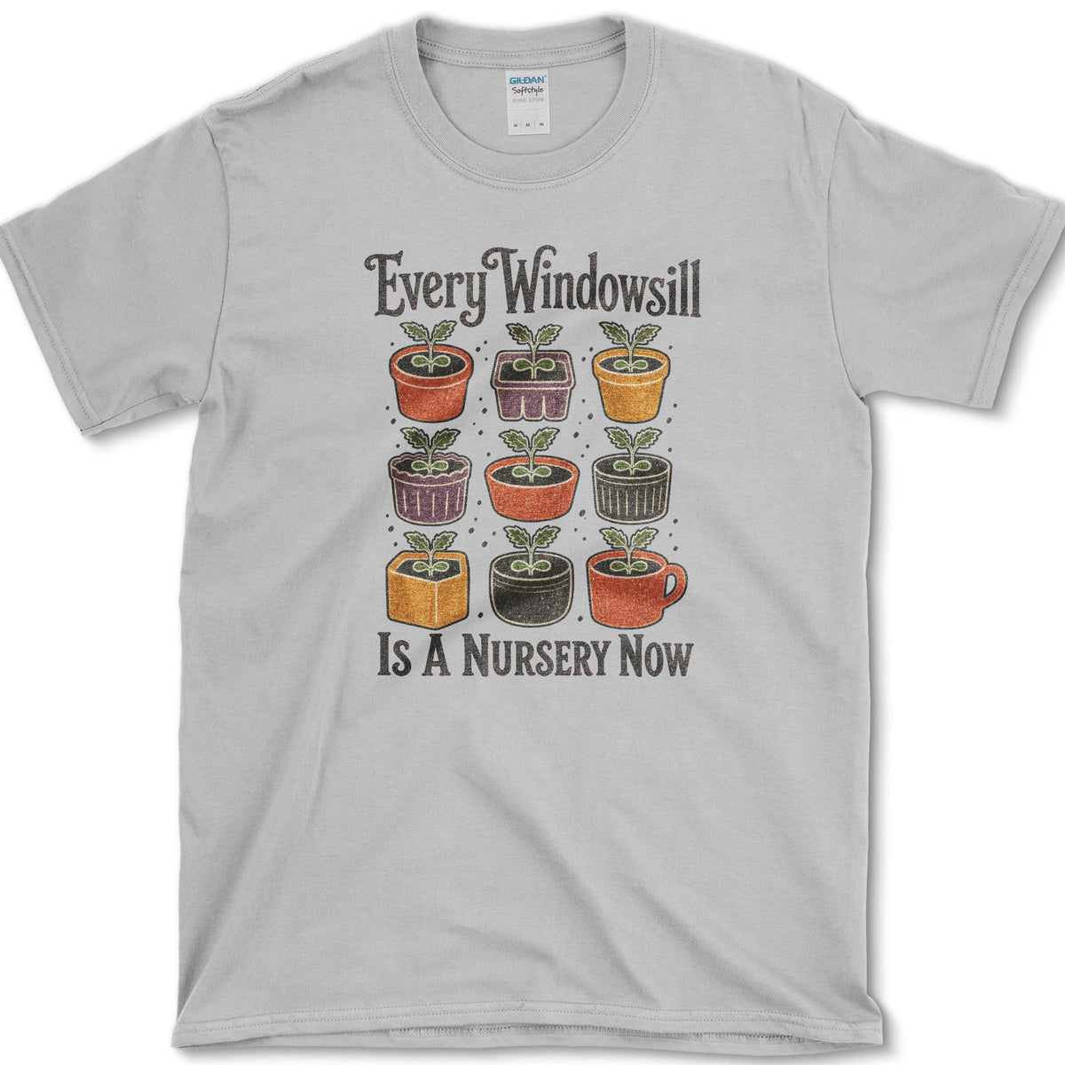 Nine colorful pots and cups filled with windowsill seedlings on a T-shirt