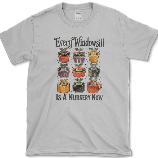 Nine colorful pots and cups filled with windowsill seedlings on a T-shirt