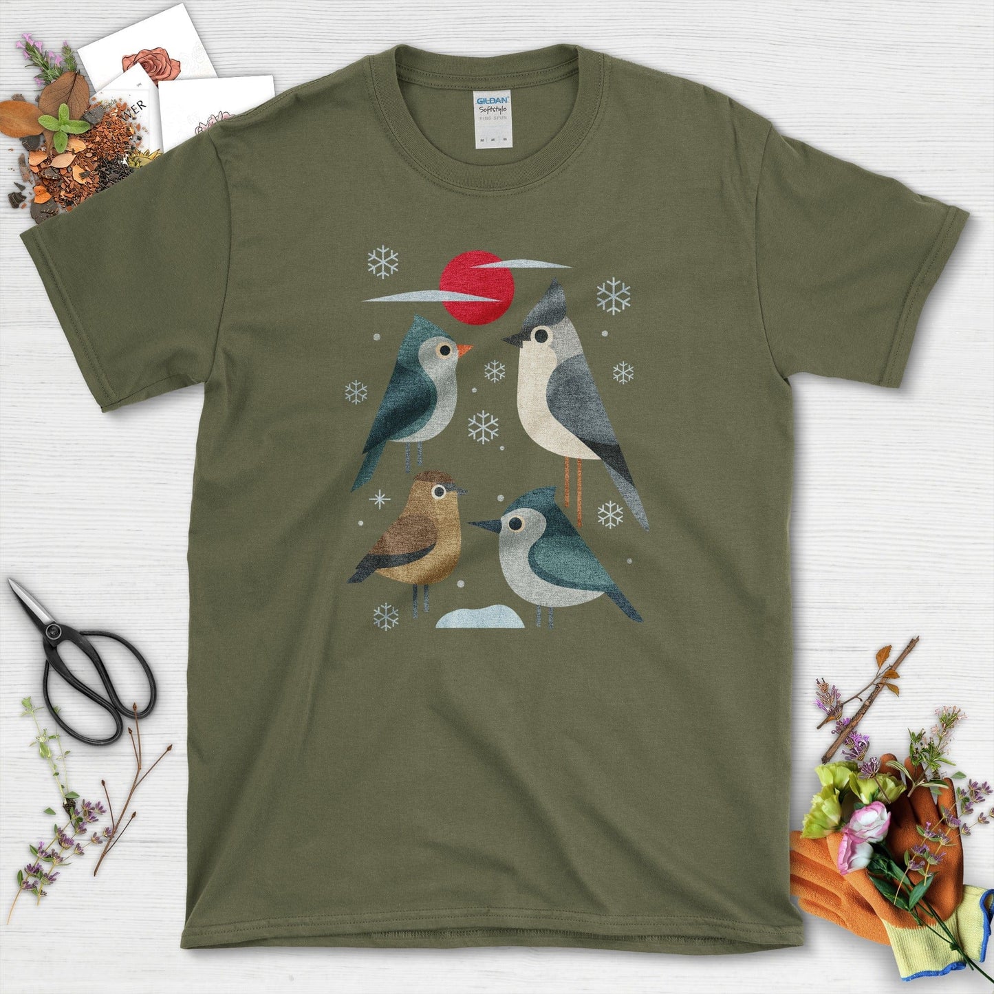 Winter Flock Bird Lovers T-Shirt T-Shirts / S / Military Green Physical Item