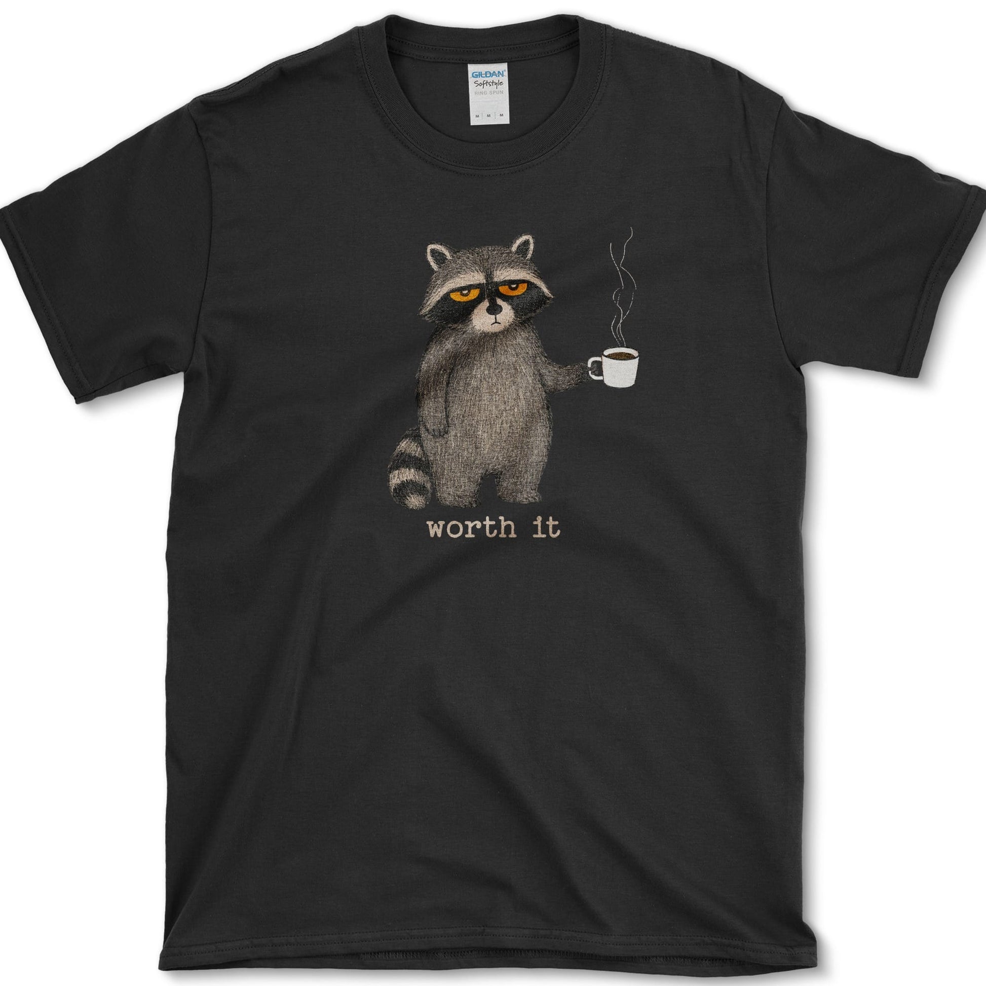 Worth It artwork featuring coffee raccoon and raccoon on a t-shirt