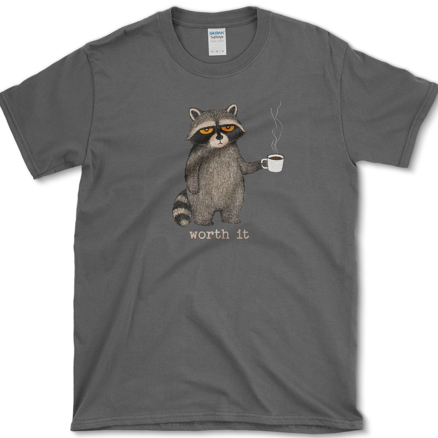Worth It artwork featuring coffee raccoon and raccoon on a t-shirt