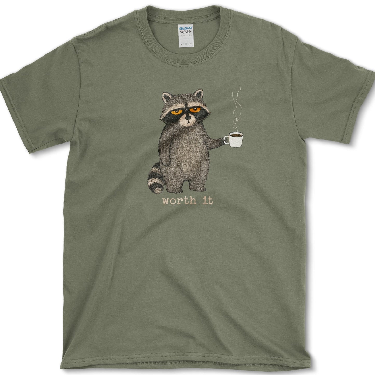 Worth It artwork featuring coffee raccoon and raccoon on a t-shirt