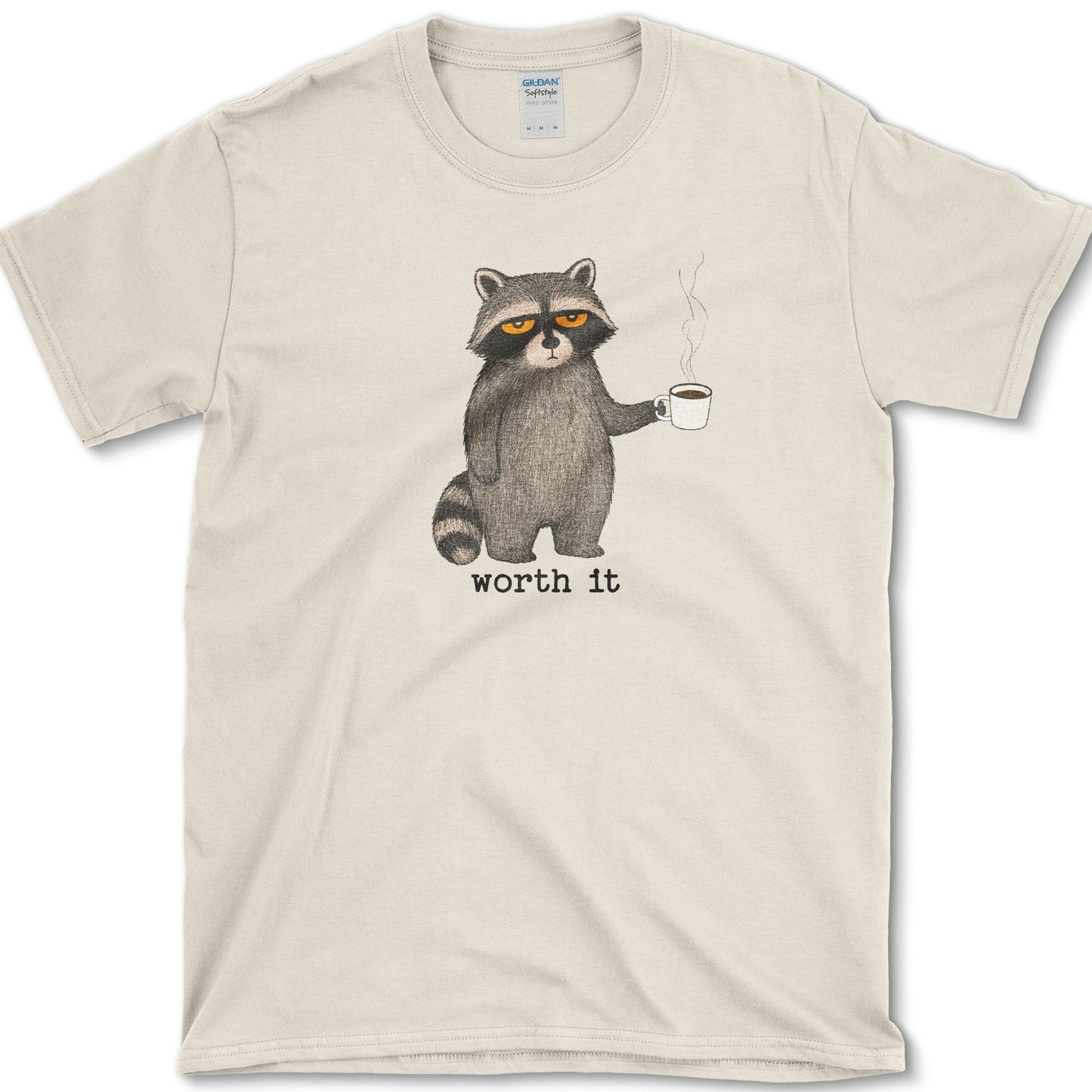 Worth It artwork featuring coffee raccoon and raccoon on a t-shirt