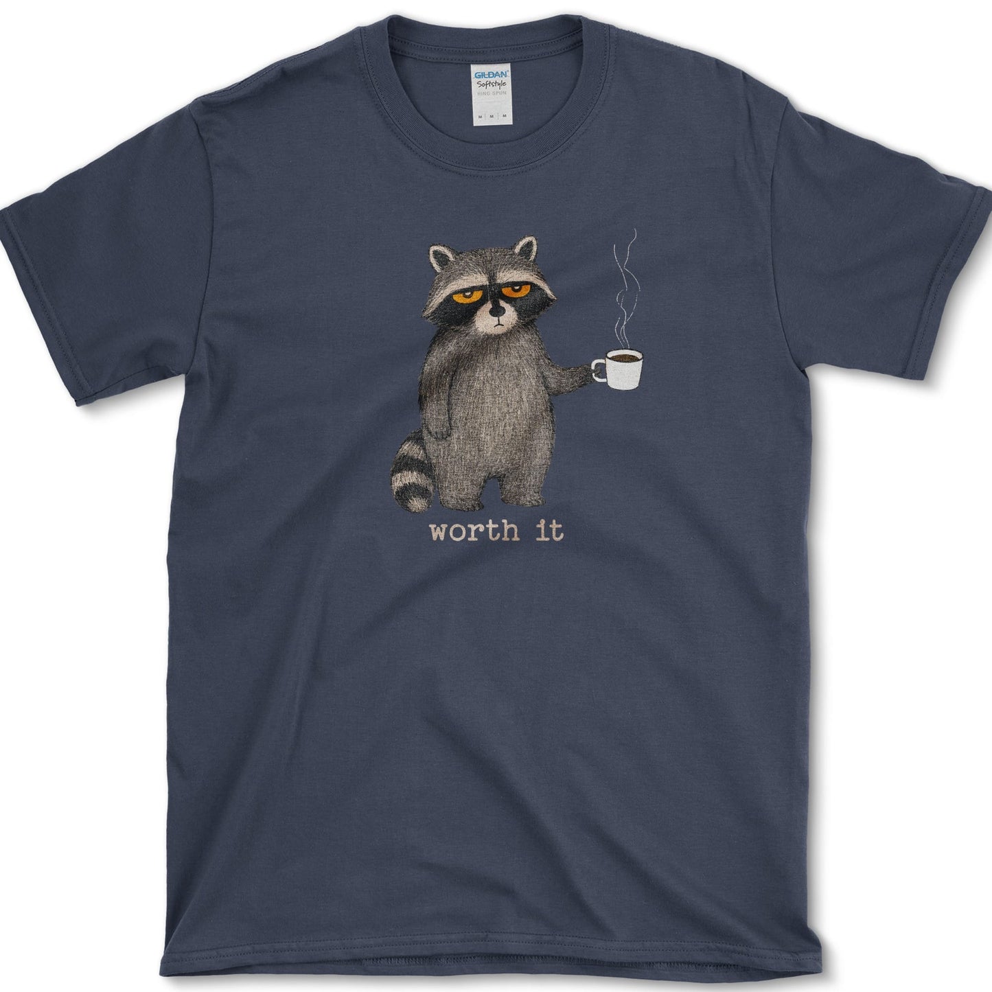Worth It artwork featuring coffee raccoon and raccoon on a t-shirt