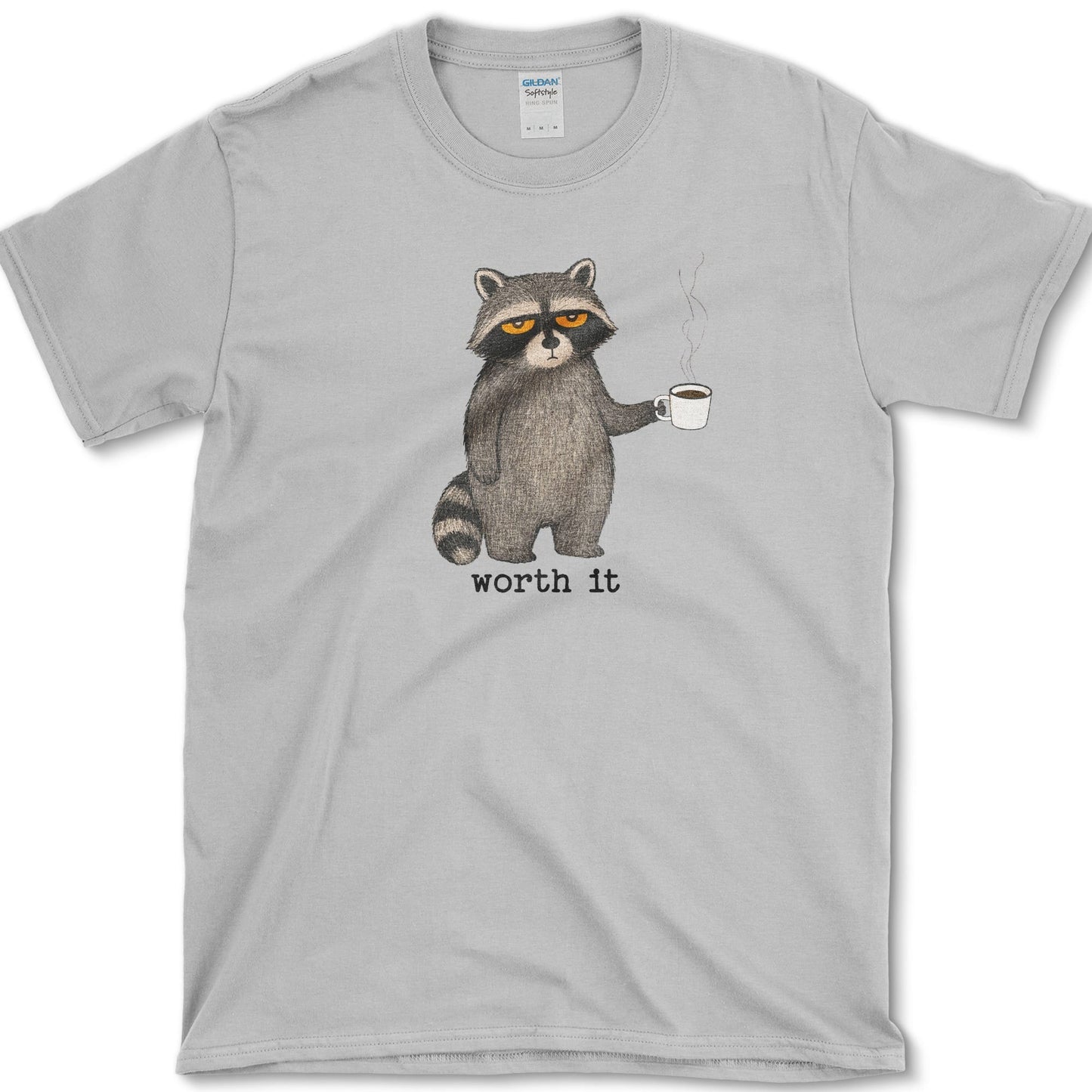 Worth It artwork featuring coffee raccoon and raccoon on a t-shirt