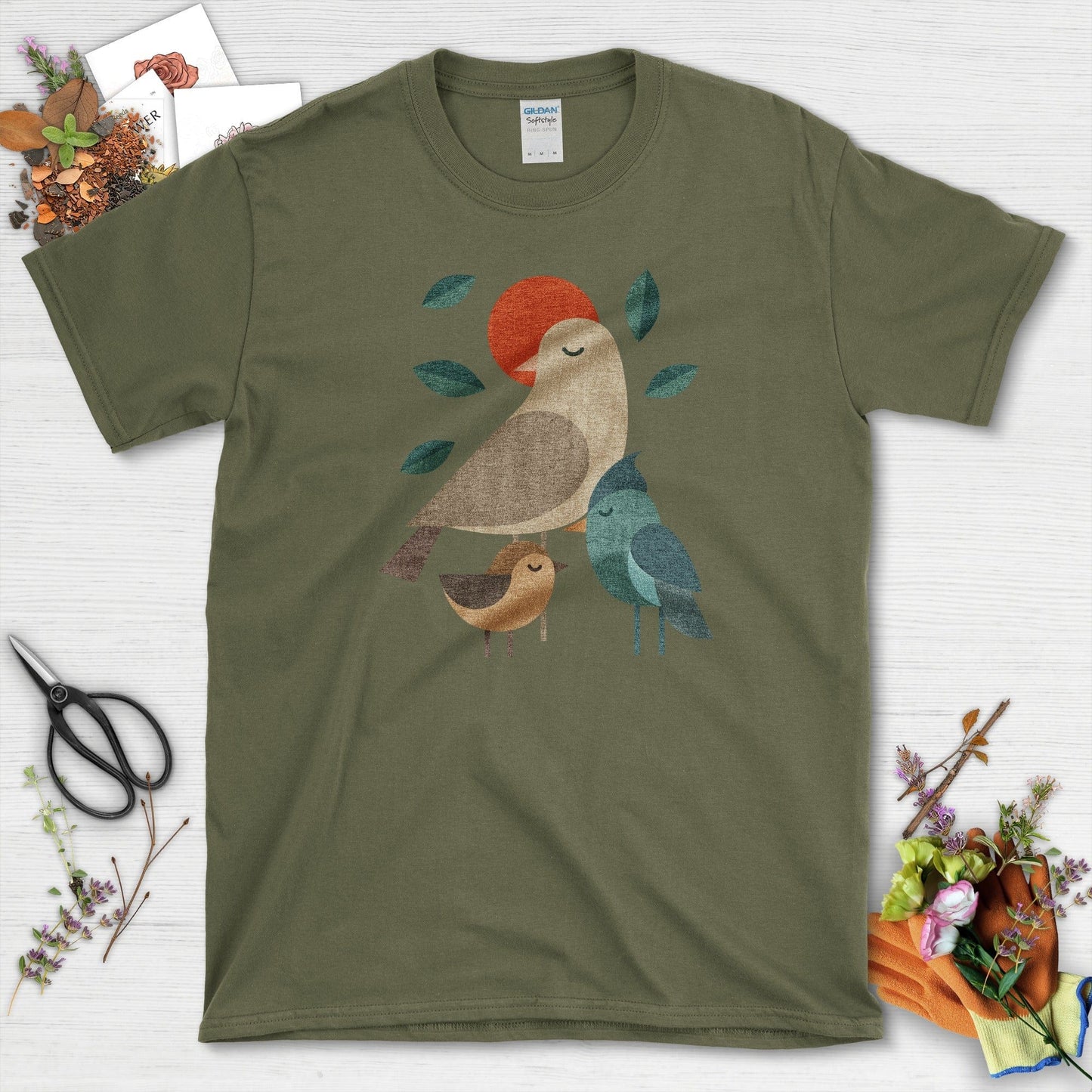 Zen Birds Geometric Birds T-Shirt T-Shirts / S / Military Green Physical Item