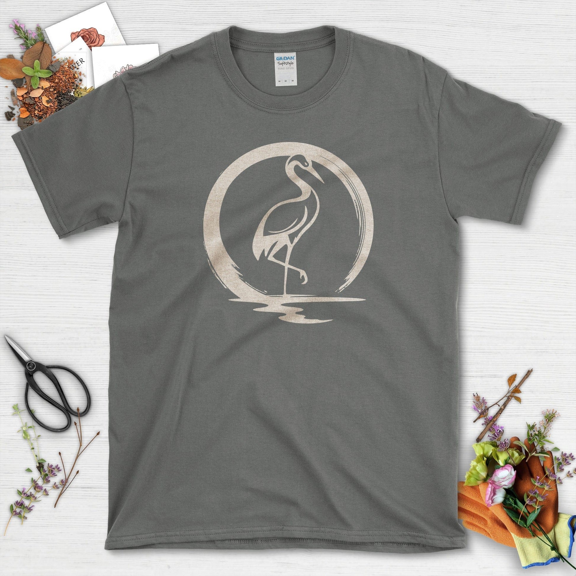 Zen Crane Circle T-Shirt T-Shirts / S / Charcoal Physical Item